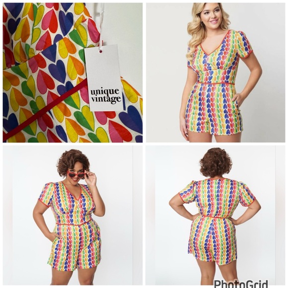 NWT Unique Vintage Rainbow Hearts Romper, Women's size 1X (16) - Picture 11 of 12